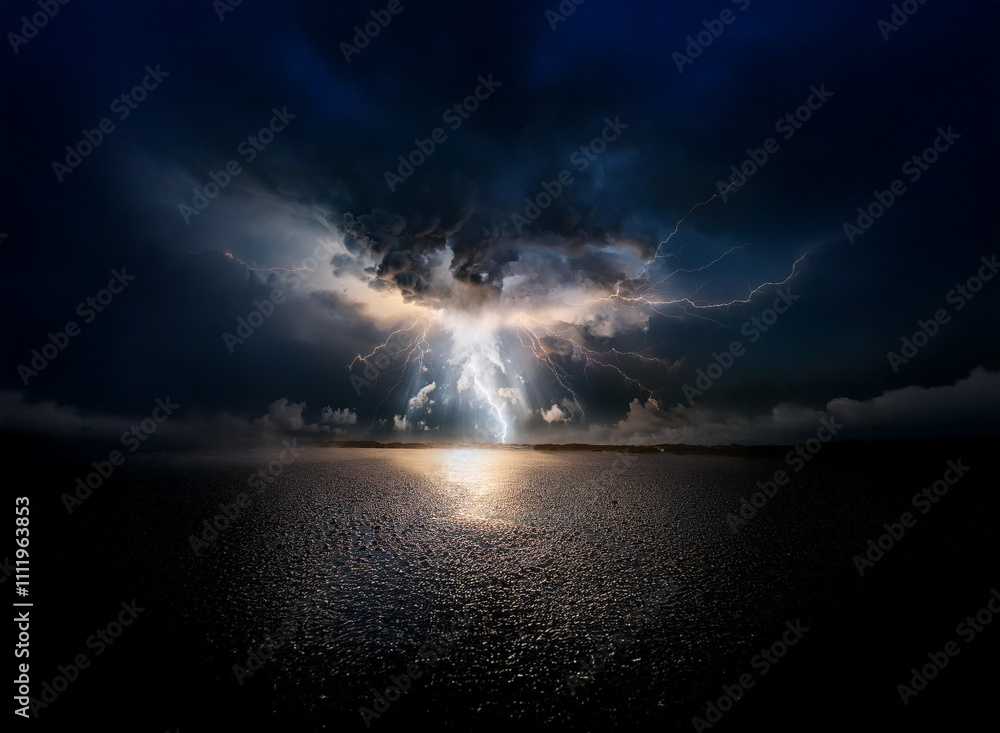 A dramatic nightscape featuring a powerful lightning strike over a dark, reflective body of water. The storm clouds are ominous and intense, creating a breathtaking display of nature's power. A dramatic nightscape featuring a powerful lightning strike over a dark, reflective body of water. The storm clouds are ominous and intense, creating a breathtaking display of nature's power.