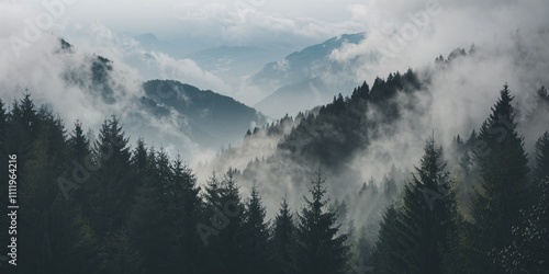 Misty Mountain Majesty: An ethereal landscape photograph showcasing a breathtaking view of a mountain range shrouded in mist, with dark evergreen forests clinging to the slopes.