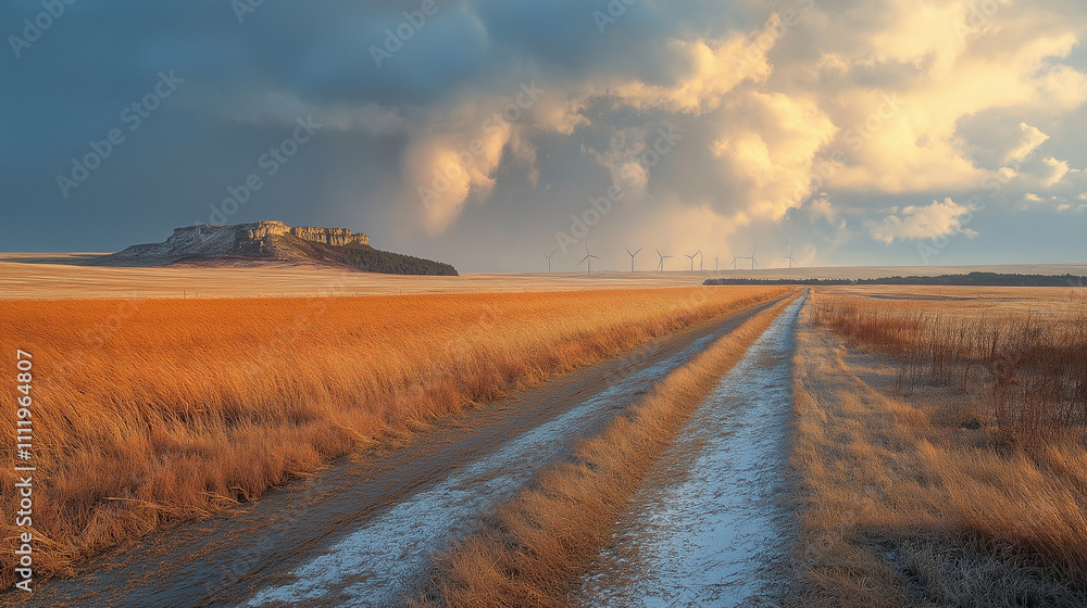 A long road going through the desert with windmills on the horizon. A long road going through the desert with windmills on the horizon.