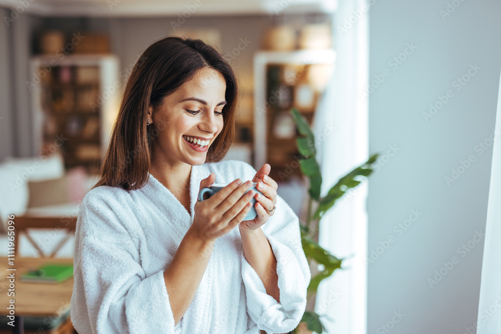 Smiling Woman Enjoying Morning Coffee in Cozy Home Environment Smiling Woman Enjoying Morning Coffee in Cozy Home Environment