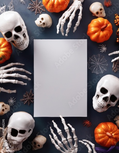 Halloween decorations with a blank paper surrounded by skeletons and pumpkins, blank banner, space for text photo