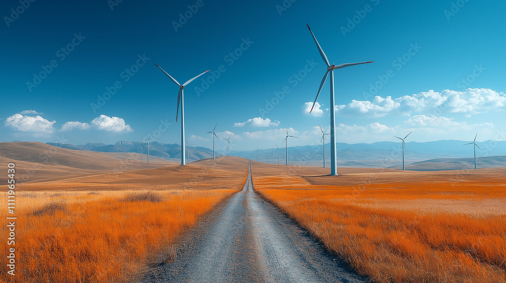 Obraz premium Road and field in the windmill farm at sunset, field with agricultural crop, country landscape