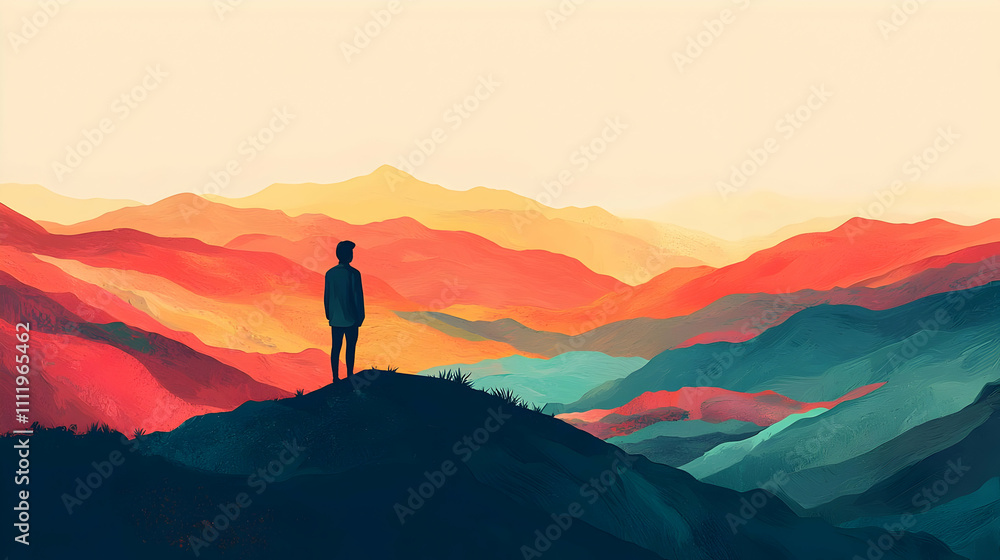 Person Views Colorful Mountain Range at Dawn Person Views Colorful Mountain Range at Dawn