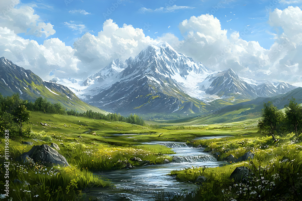 Serene River Flows Through Majestic Mountain Valley Serene River Flows Through Majestic Mountain Valley