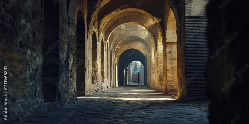 Fototapeta premium A stunning ancient passageway illuminated by soft light. The stone arches create a mysterious atmosphere. Ideal for storytelling or historical themes in visuals. AI
