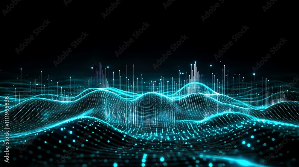 custom made wallpaper toronto digitalAbstract Digital Landscape with Waves and Particles in Neon Blue and Black Background for Technology Concepts
