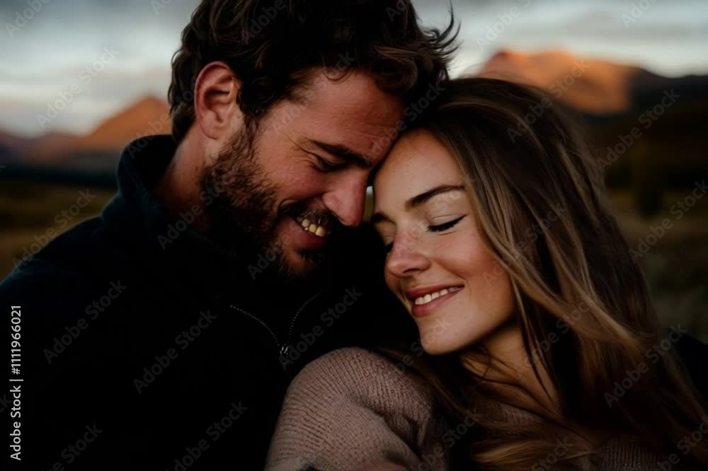 Romantic couple embracing outdoors during sunset in a serene landscape Romantic couple embracing outdoors during sunset in a serene landscape
