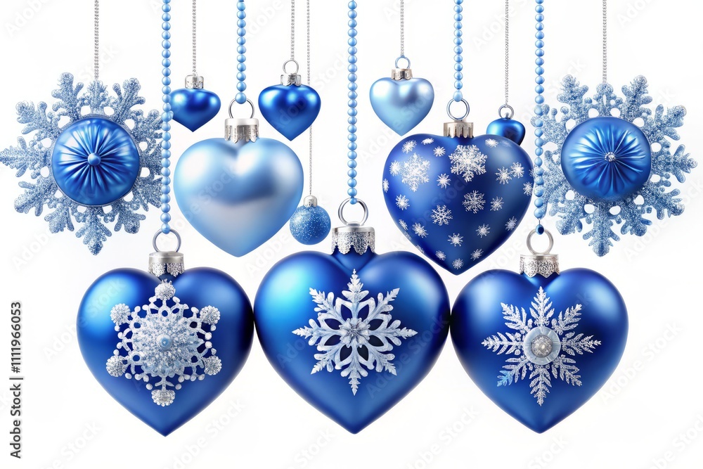Merry Christmas Blue Hanging Balls with Heart, Snowflake, and Glitter Pearls Pattern for Greeting Cards, Promo Banners, and Gift Templates on Isolated White Background Merry Christmas Blue Hanging Balls with Heart, Snowflake, and Glitter Pearls Pattern for Greeting Cards, Promo Banners, and Gift Templates on Isolated White Background
