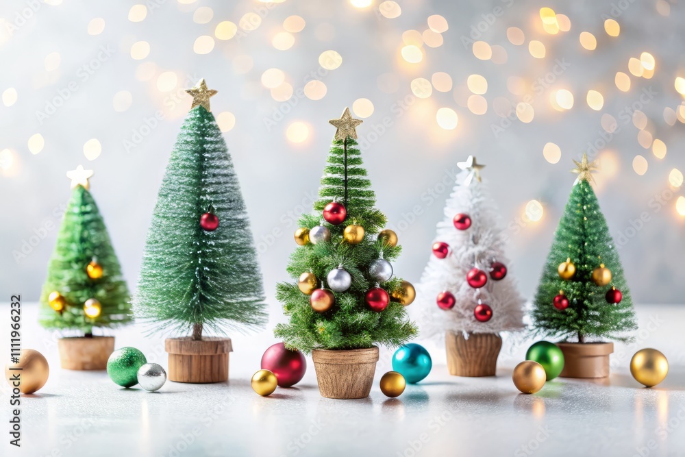 Naklejka premium Mini Christmas Trees Isolated on a White Background for Holiday Decor, Gift Ideas, or Seasonal Celebrations with Ample Copy Space for Text or Branding Purposes