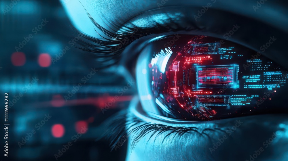 Closeup of a cybernetic eye with integrated microchips, glowing red and blue highlights, scifi aesthetic, ultrarealistic Closeup of a cybernetic eye with integrated microchips, glowing red and blue highlights, scifi aesthetic, ultrarealistic