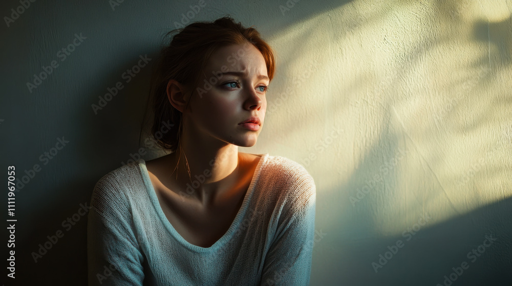 Contemplative young woman sitting by the window with soft sunlight highlighting her thoughtful expression in a serene indoor setting Contemplative young woman sitting by the window with soft sunlight highlighting her thoughtful expression in a serene indoor setting