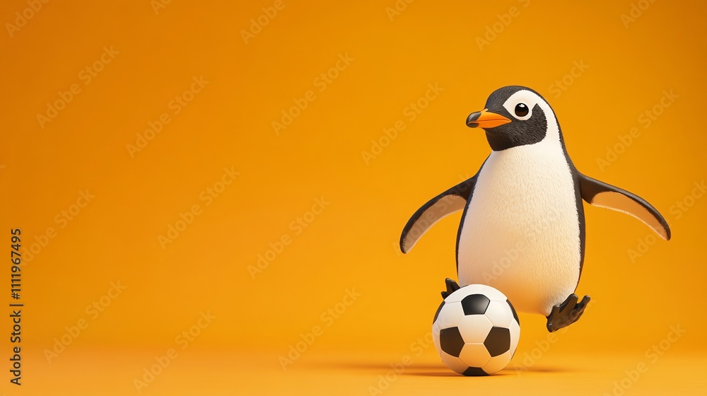 Fototapeta premium A cartoon penguin kicking a soccer ball.
