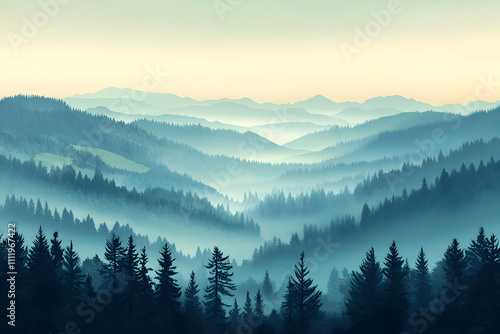 Misty Mountains: Forest in Blue Hues at Dawn