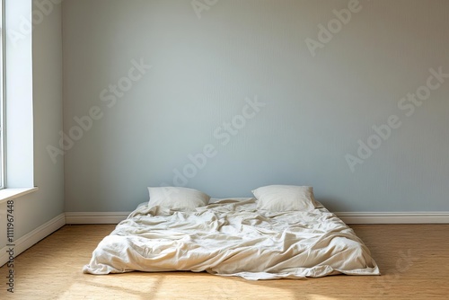 Empty, unmade bed in a quiet room, symbolizing absence and longing