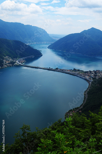 Panoramic view from San Salvadore to the Italian/switzerland frontier and Melide on the right side photo