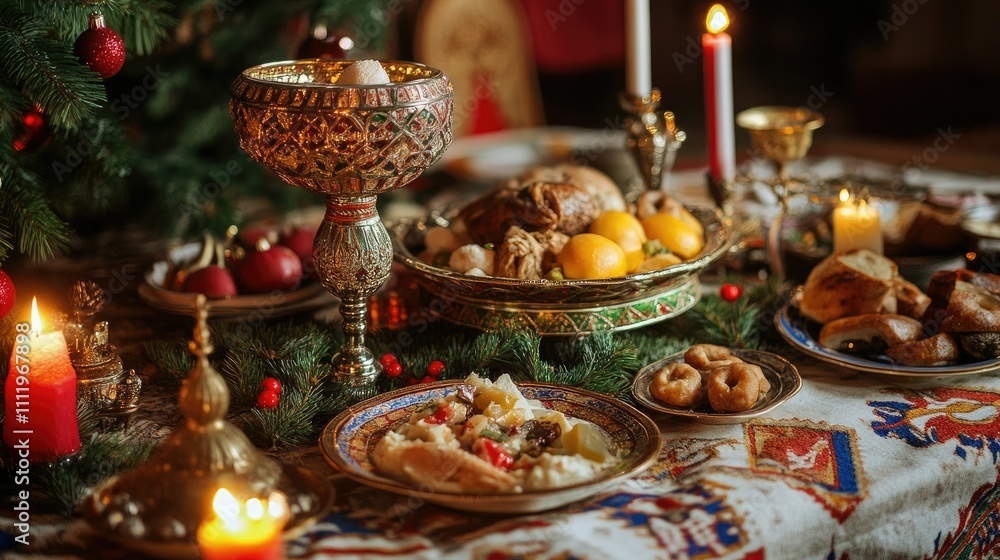 Naklejka premium Lavish Christmas feast with roasted meat, fruits, bread, and candles on a richly decorated table.