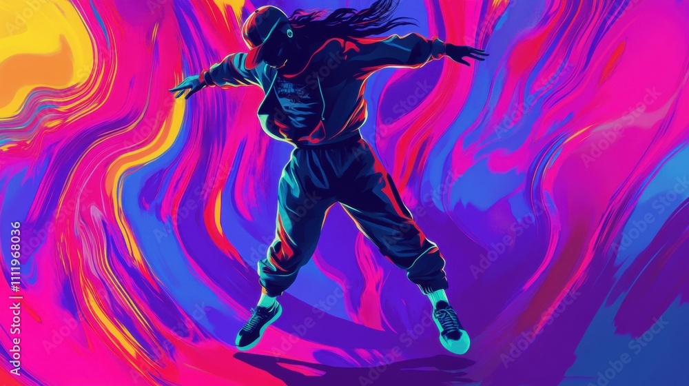 Obraz premium A young Black woman in vibrant streetwear engages with virtual reality, surrounded by colorful digital swirls.