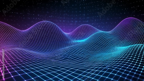 Abstract Digital Waves with Neon Grid and Cosmic Background for Futuristic Technology and Design Concepts