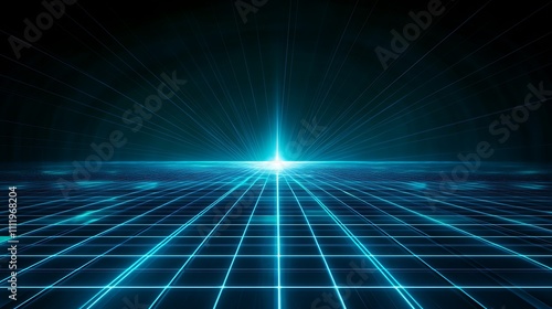 Abstract Futuristic Background with Bright Light and Geometric Grid in Blue and Black Colors for Creative Projects