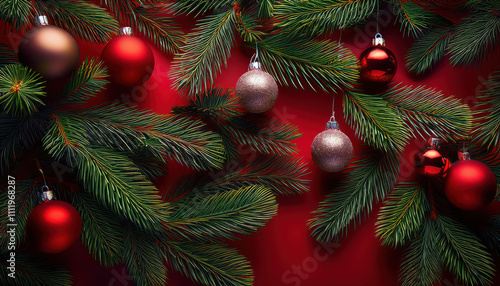 Festive christmas ornaments and pine branches on red background