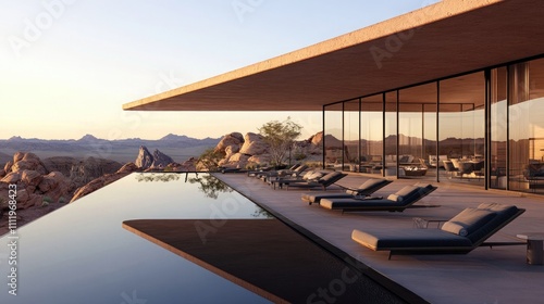 An outdoor lounge with a sweeping view of the desert