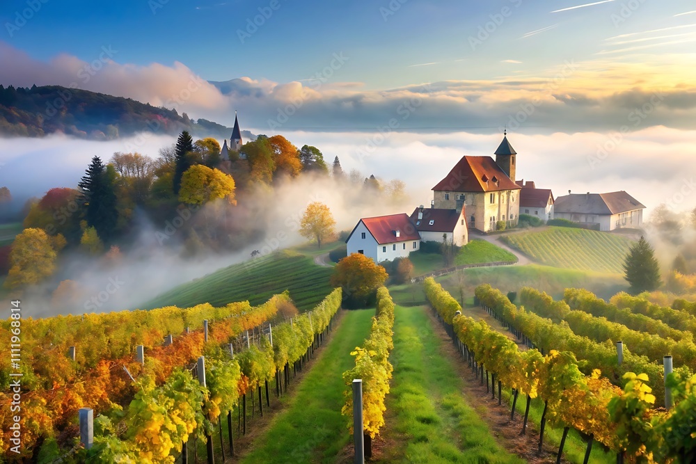 Naklejka premium Foggy Landscape Backgrounds - Nature, Cities, and Village Scenes in Mist,Featuring soft, misty textures, and atmospheric details