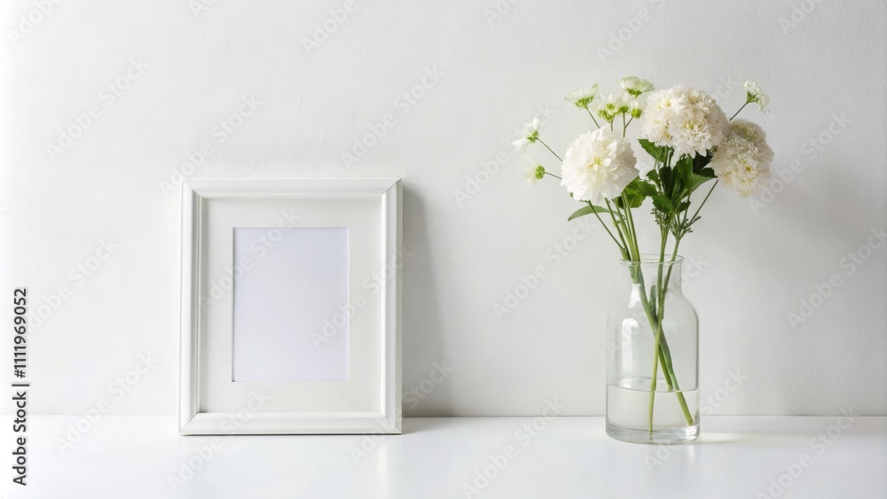 Minimalistic Mockup: White Photo Frame with Elegant Flowers in Vase on White Background for Stylish Interior Design Inspiration Minimalistic Mockup: White Photo Frame with Elegant Flowers in Vase on White Background for Stylish Interior Design Inspiration