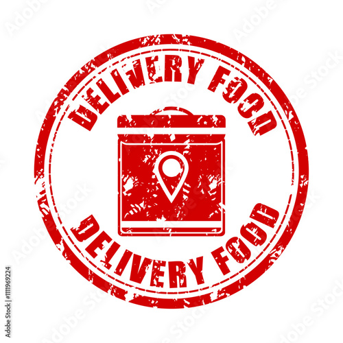 Delivery food rubber stamp, fast shipping courier, service express package, transport logo illustration, vector hot meal takeaway, order parcel