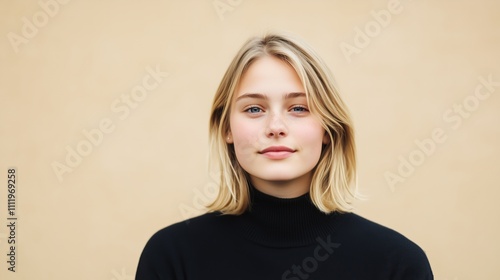 A portrait of a stylish blonde woman with short hair wearing a black turtleneck posing against a beige backdrop capturing,with copy space.
