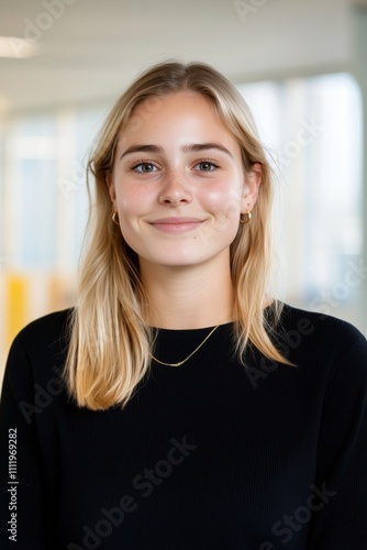 A close-up portrait of a young blonde woman wearing a black sweater and gold necklace  standing in a softly lit modern indoor space with copy space.