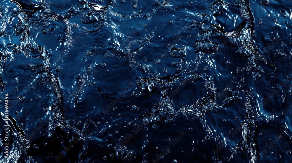 Close-up of shimmering dark blue water with bubbles, reflecting light in an abstract pattern. Close-up of shimmering dark blue water with bubbles, reflecting light in an abstract pattern.
