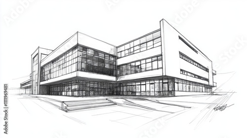 Architectural sketch of a modern office building featuring large windows and sleek lines.