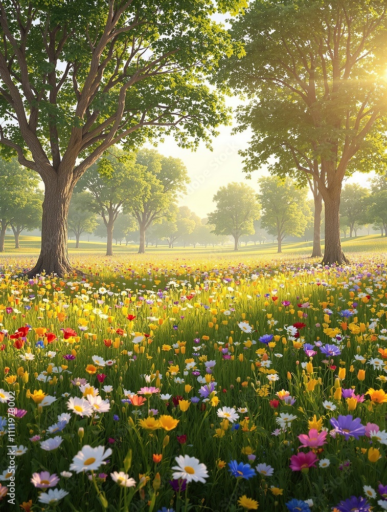 A lush green meadow surrounded by tall stalks of golden wheat, dotted with vibrant wildflowers and trees, basking in the warmth of a sunny day, landscape, wildflowers, nature's beauty. A lush green meadow surrounded by tall stalks of golden wheat, dotted with vibrant wildflowers and trees, basking in the warmth of a sunny day, landscape, wildflowers, nature's beauty.