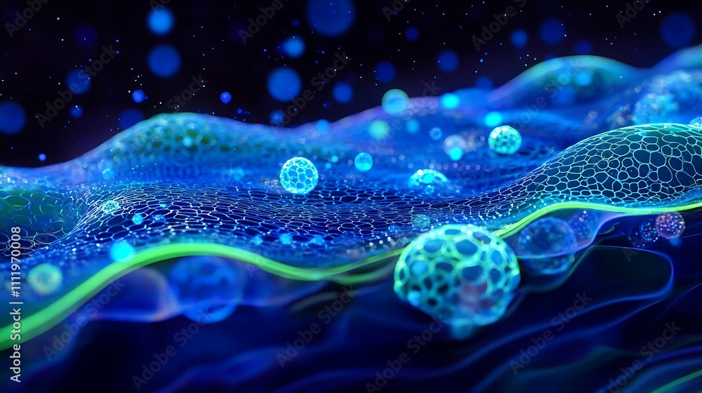 Abstract Liquid Waves with Glowing Particles and Spheres in Vibrant Blue and Green Colors Abstract Liquid Waves with Glowing Particles and Spheres in Vibrant Blue and Green Colors