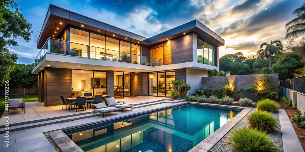 Fototapeta premium Modern Cozy House for Sale or Rent Featuring a Beautiful Pool and Ample Parking Space in a Serene Neighborhood, Perfect for Families Seeking Comfort and Style