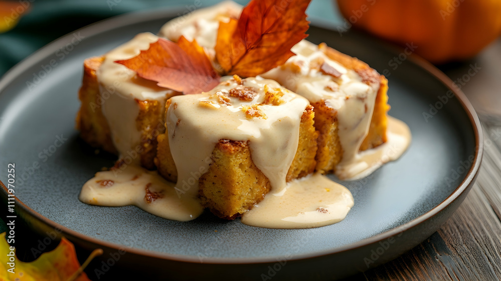 Delicious pumpkin bread pudding with creamy sauce and autumn leaf garnish Delicious pumpkin bread pudding with creamy sauce and autumn leaf garnish
