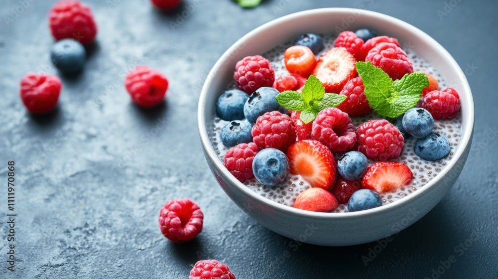 A bowl of chia seed pudding with fresh fruit toppings, illustrating healthy eating, Generative AI A bowl of chia seed pudding with fresh fruit toppings, illustrating healthy eating, Generative AI