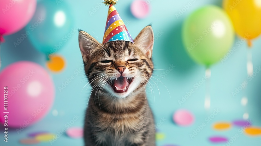 Smiling cat wearing a colorful party hat surrounded by balloons and confetti. AI generated image Smiling cat wearing a colorful party hat surrounded by balloons and confetti. AI generated image