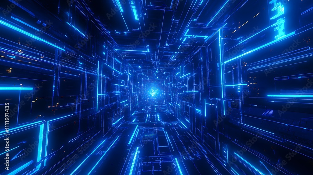 Blue Neon Light Tunnel with Glowing Lines and Futuristic Vibe in Digital Environment Blue Neon Light Tunnel with Glowing Lines and Futuristic Vibe in Digital Environment