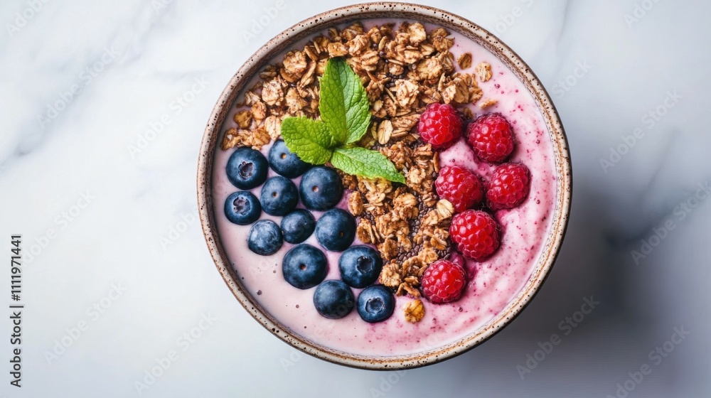 A fresh smoothie bowl with granola and vibrant berries arranged decoratively, Generative AI A fresh smoothie bowl with granola and vibrant berries arranged decoratively, Generative AI