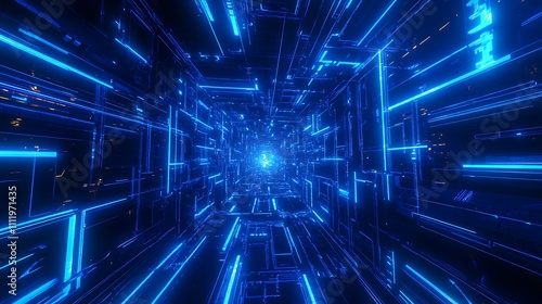 Blue Neon Light Tunnel with Glowing Lines and Futuristic Vibe in Digital Environment