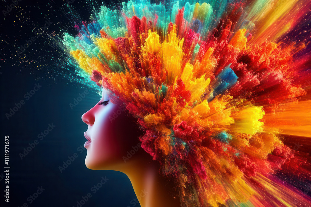 Human head full of colorful explosions, representing an exploding idea ...