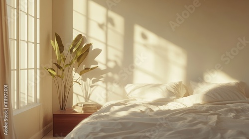 Minimalist bedroom with soft morning light, promoting relaxation and peace photo