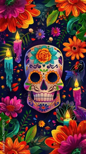 Vibrant Day of the Dead Skull with Floral and Candle Motifs