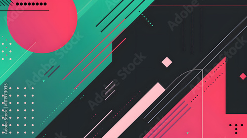 The abstract background showcases a contemporary design with a mix of geometric shapes and diagonal lines in pink, green, and black, creating a dynamic and artistic aesthetic