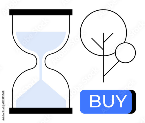 Hourglass with flowing sand, simplified tree, and blue Buy button. Ideal for time management, growth, online shopping, minimalism, nature, e-commerce, and sustainability themes. Line metaphor