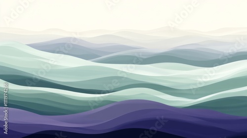 Abstract Watercolor-Style Depiction of Rolling Hills in Green and Purple Hues