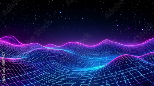 Futuristic Abstract Landscape with Neon Grid and Starry Night Sky in Vibrant Colors