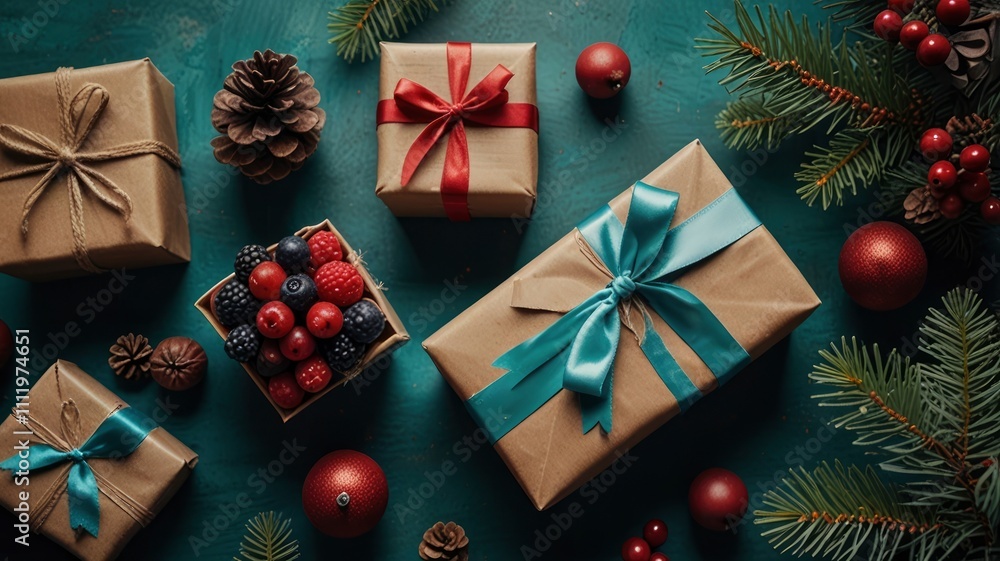Christmas flat lay background with gifts, berries and pine turquoise background copy space Christmas flat lay background with gifts, berries and pine turquoise background copy space