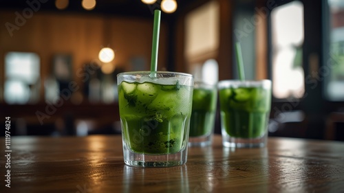 Close up and selcetive focus two glasses of iced matcha green tea on wooden table in cafe photo